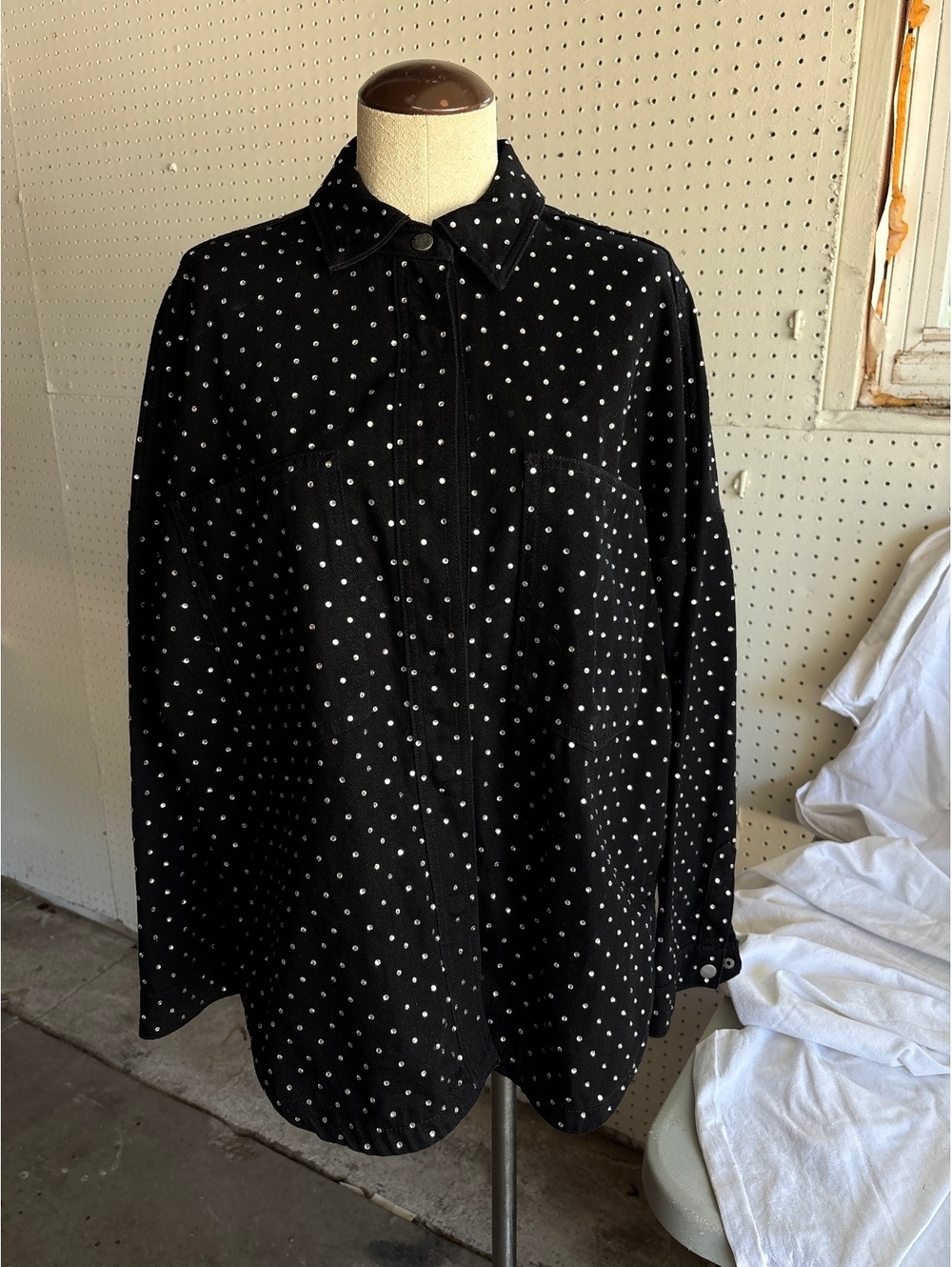 ZARA Black Button-Up Jean jacket Shirt with White sparkling diamond dots.